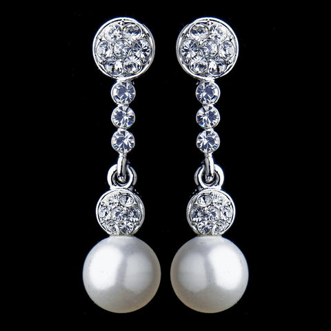 Antique Silver Clear Rhinestone and Diamond White Pearl Ball Bridal Wedding Earrings 8680