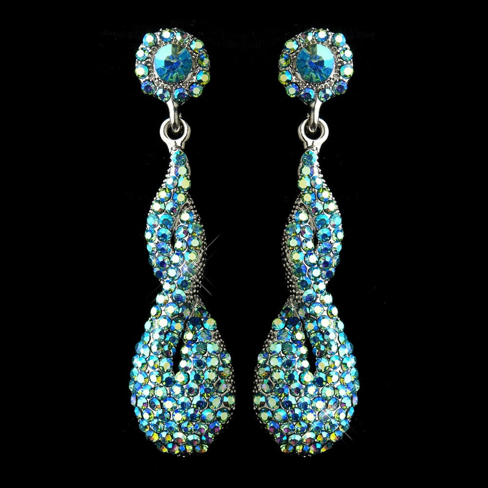 Antique Silver Turquoise AB Rhinestone & Crystal Dangle Bridal Wedding Earrings 8682