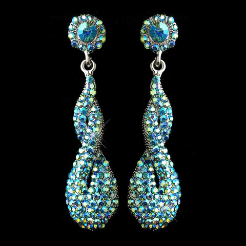 Antique Silver Turquoise AB Rhinestone & Crystal Dangle Bridal Wedding Earrings 8682