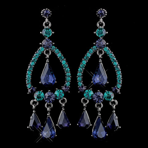 Silver Blue Teal Crystal & Rhinestone Teardrop Chandelier Bridal Wedding Earrings 8686