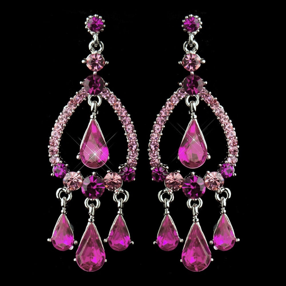 Silver Pink Crystal & Rhinestone Chandelier Bridal Wedding Earrings 8686