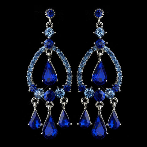 Silver Blue Sapphire Crystal & Rhinestone Chandelier Bridal Wedding Earrings 8686