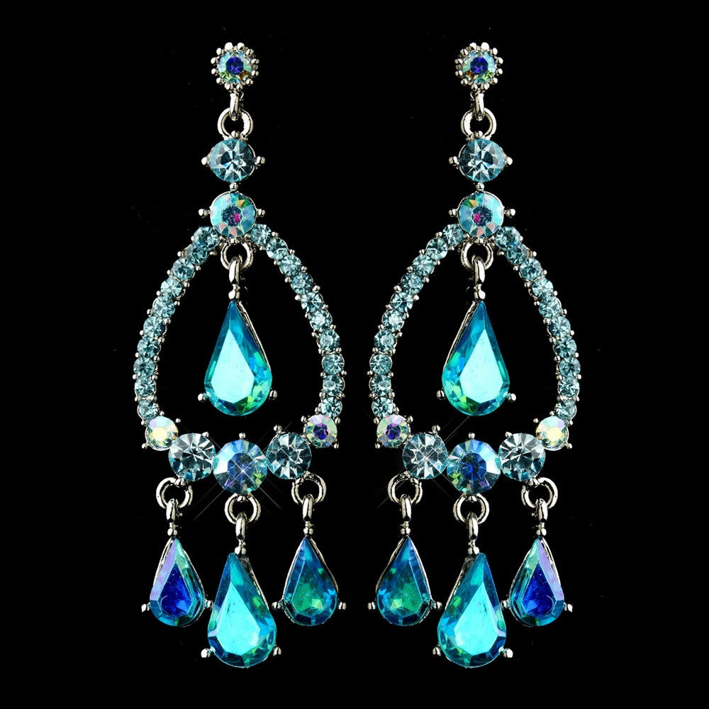 Silver Turquoise AB Crystal & Rhinestone Chandelier Bridal Wedding Earrings 8686