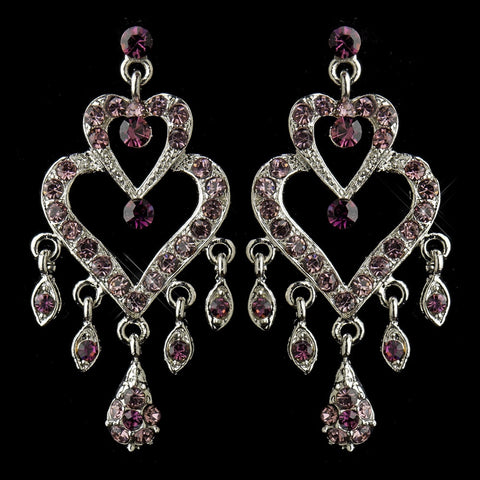 Antique Silver Amethyst Rhinestone Heart Chandelier Bridal Wedding Earrings 8689