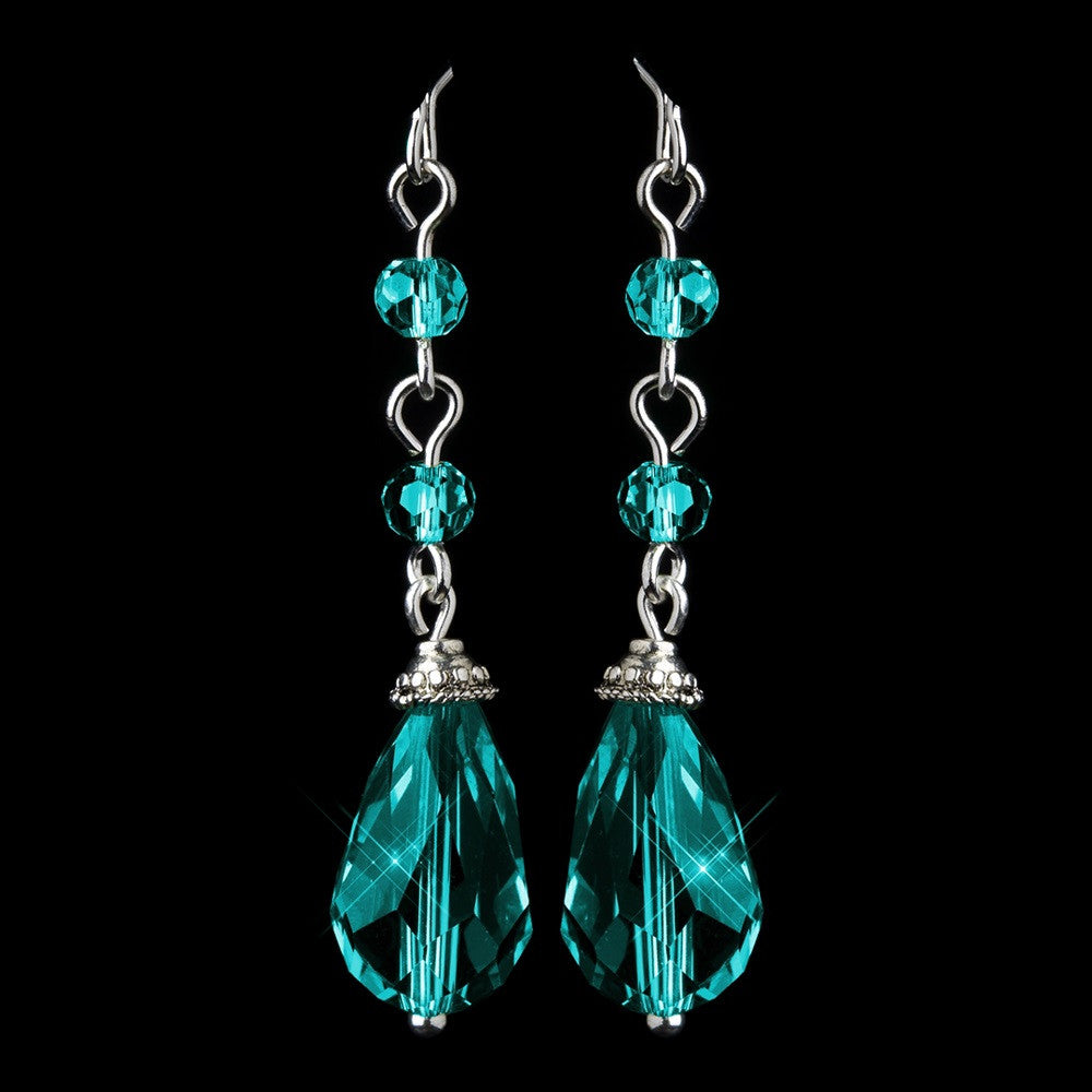 Silver Teal Crystal Tear Drop Dangle Bridal Wedding Earrings 8737