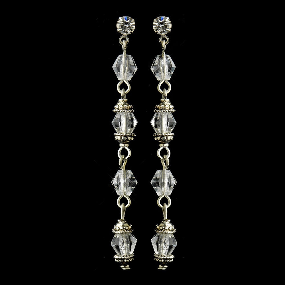 Antique Silver Clear Crystal Drop Bridal Wedding Earrings 8738