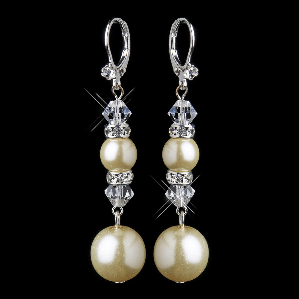 Silver Ivory Pearl & Swarovski Crystal Bead Long Drop Bridal Wedding Earrings 8740