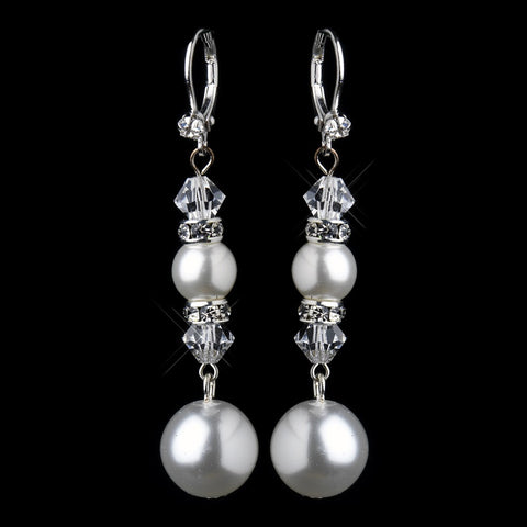 Silver White Pearl & Swarovski Crystal Bead Long Drop Bridal Wedding Earrings 8740