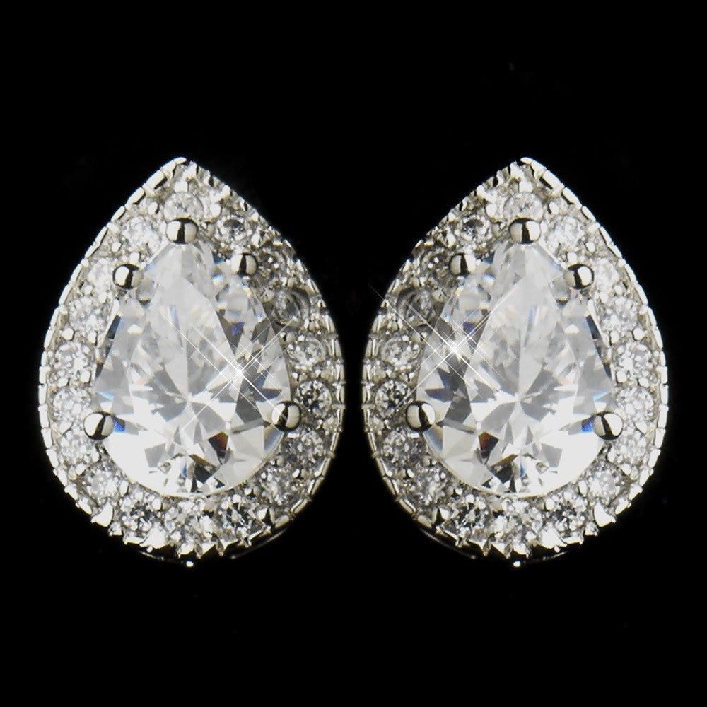 Antique Silver Clear CZ Bridal Wedding Earrings 8747 & Tear Drop Bridal Wedding Necklace 8623