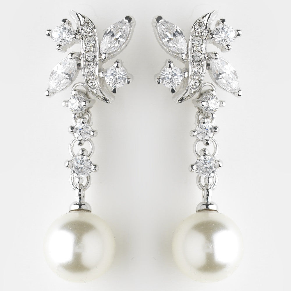 Elegant Floral CZ Flair Dangle Earring with Ivory Faux Pearl Accent in Silver 8765