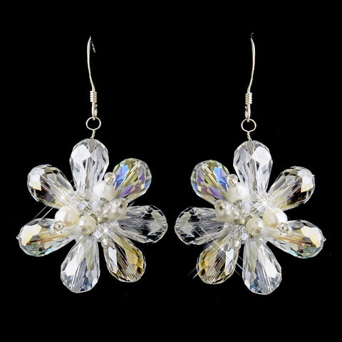 E 8776 Clear Crystal Floral Earring with Fresh water pearl accent on hook