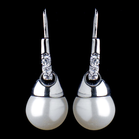 Silver Diamond White Drop Pearl & Clear Rhinestone Bridal Wedding Earrings 8788