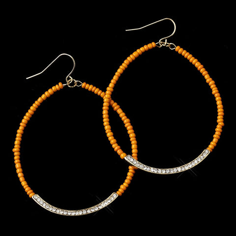 Gold Orange Bead & Clear Rhinestone Hoop Bridal Wedding Earrings 8817