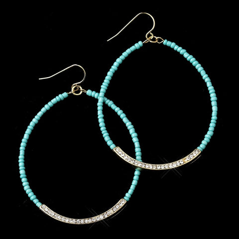 Gold Turquoise Bead & Clear Rhinestone Hoop Bridal Wedding Earrings 8817