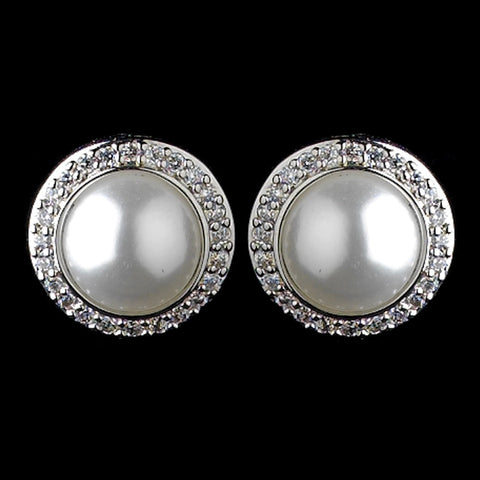 White Pearl & CZ Halo Solid 925 Sterling Silver Post Back Bridal Wedding Earrings 8821