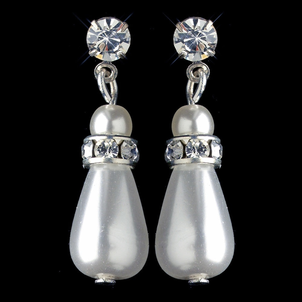 Silver White Pearl & Rhinestone Dangle Bridal Wedding Earrings 8828