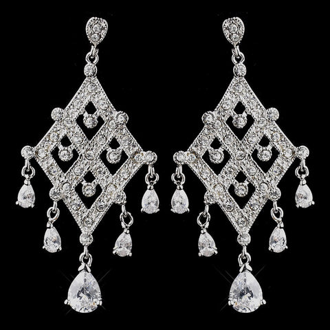 Antique Silver Clear CZ Crystal Bridal Wedding Earrings 8918