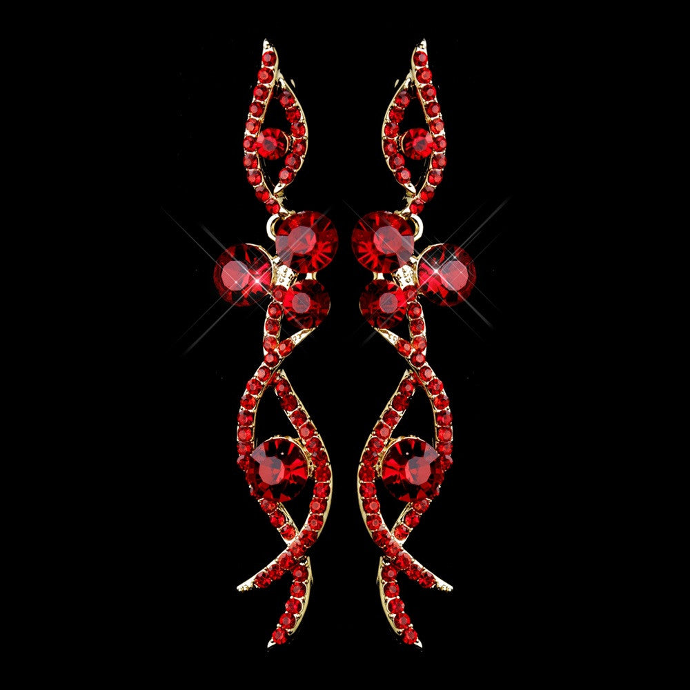 Gold Red Rhinestone Dangle Bridal Wedding Earrings 8942