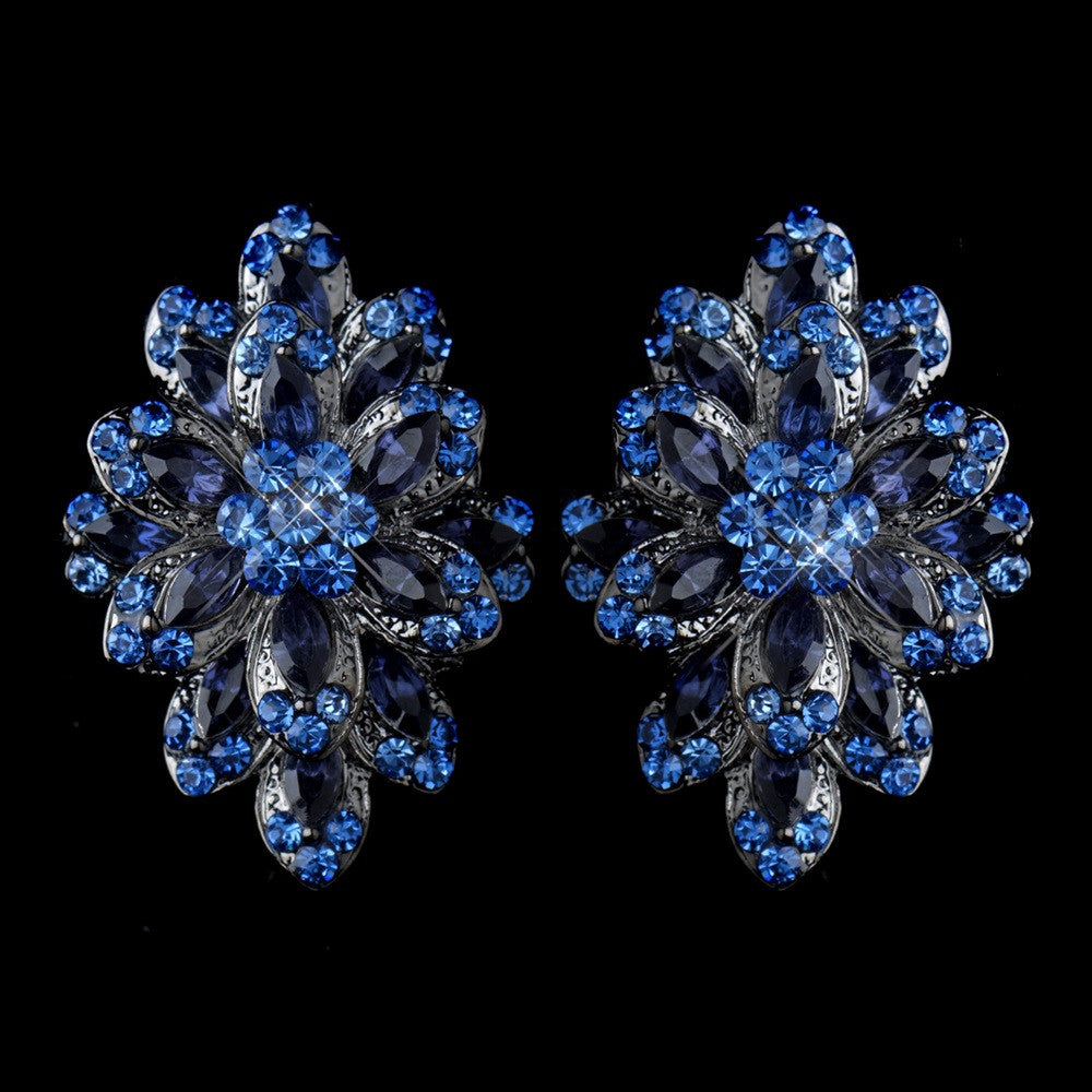 Hematite Navy Blue & Lt Blue Rhinestone Bridal Wedding Hair Clip On Bridal Wedding Earrings 8944