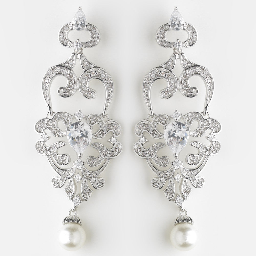 Antique Silver Diamond White Pearl & Clear CZ Crystal Chandelier Bridal Wedding Earrings 9003
