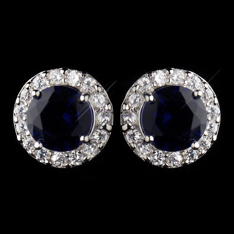 Antique Silver Rhodium Sapphire CZ Crystal Stud Bridal Wedding Earrings 9065