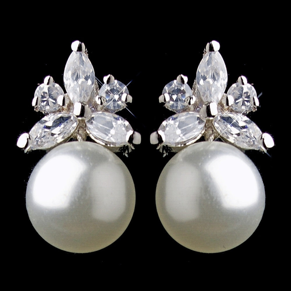 Antique Silver CZ & Pearl Bridal Wedding Earrings 9084