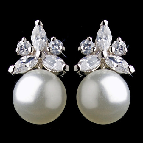 Antique Silver CZ & Pearl Bridal Wedding Earrings 9084