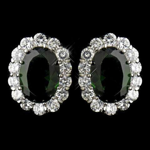 Antique Silver Emerald Green CZ Crystal Stud Bridal Wedding Earrings 9085