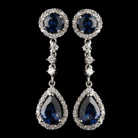 Antique Silver Rhodium Sapphire CZ Crystal Drop Bridal Wedding Earrings 9116