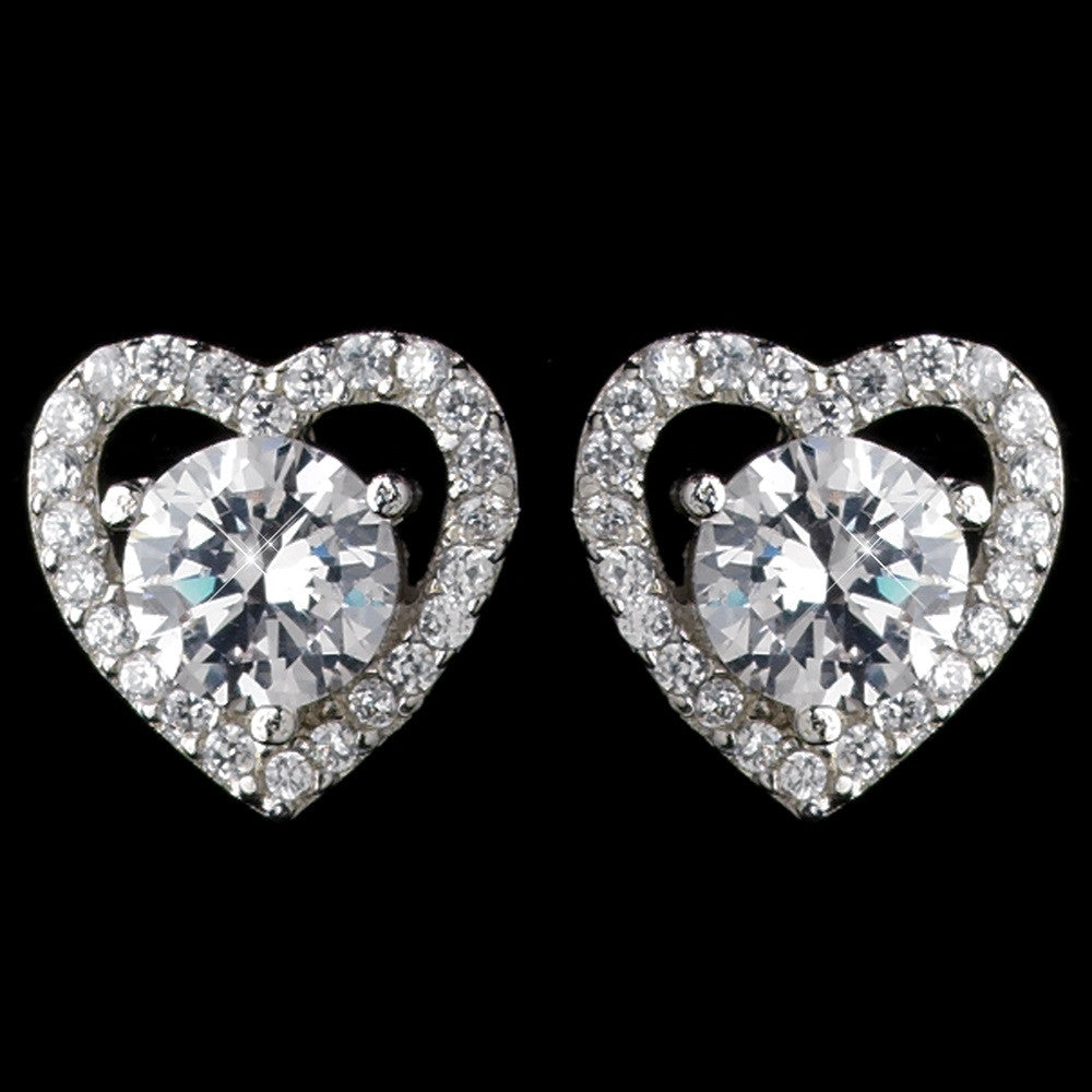 Rhodium Clear CZ Crystal Heart Stud Bridal Wedding Earrings 9205