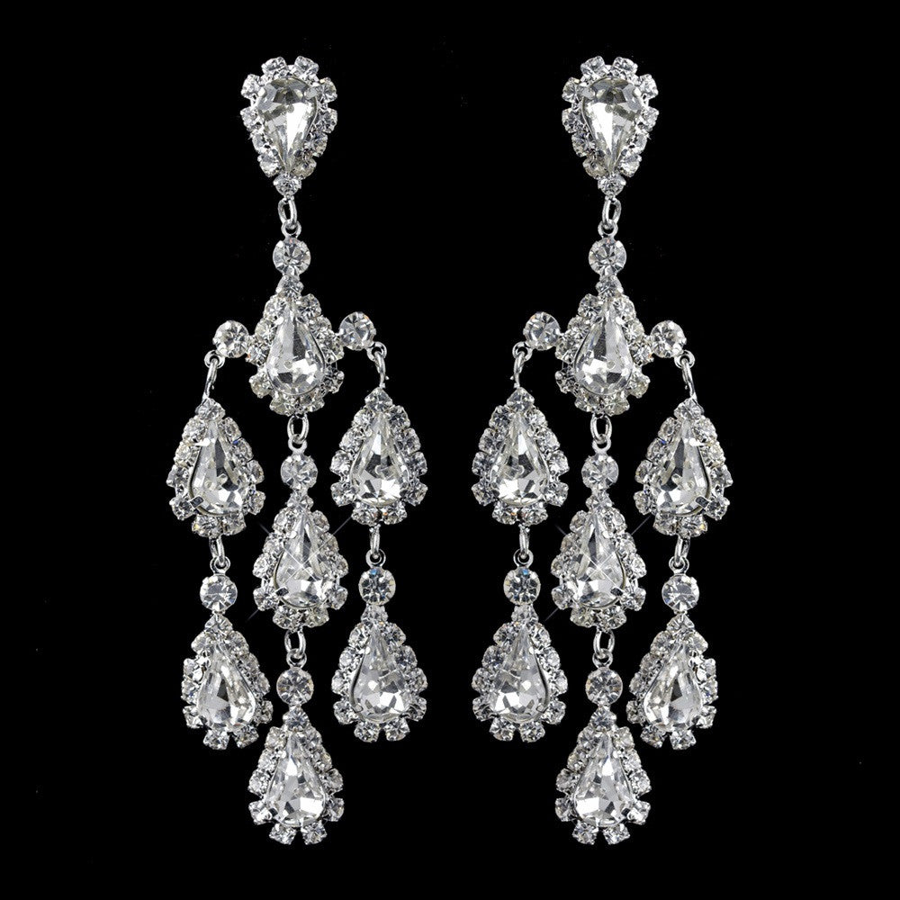 Silver Clear Rhinestone Teardrop Chandelier Bridal Wedding Earrings