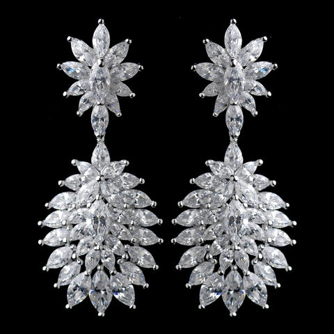 Solid 925 Sterling Silver Clear CZ Crystal Leaf Burst Bridal Wedding Earrings 9262