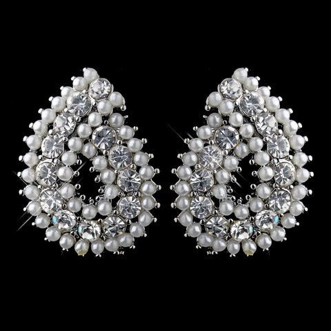 Silver White Pearl and Clear Rhinestone Paisley Style Bridal Wedding Earrings 9268