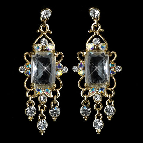 Antique Gold Clear CZ Crystal & Rhinestone Dangle Bridal Wedding Earrings 936