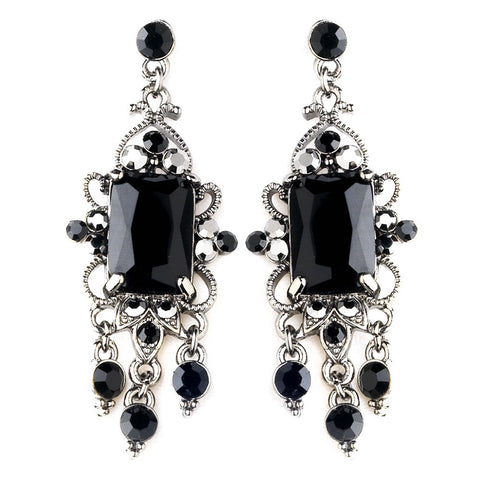 Vintage Silver & Black Crystal Drop Bridal Wedding Earrings E 936