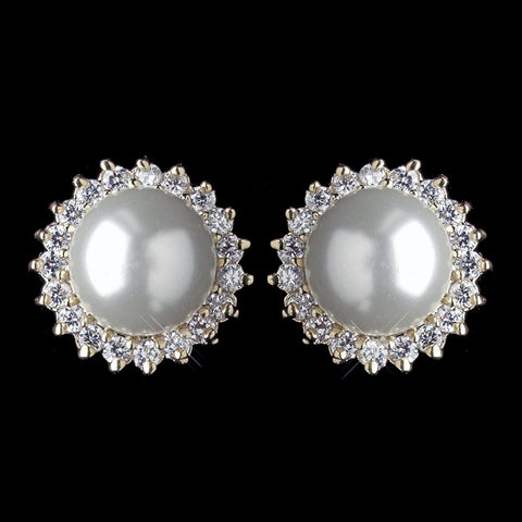 Gold Diamond White Pearl & CZ Crystal Stud Bridal Wedding Earrings 9396