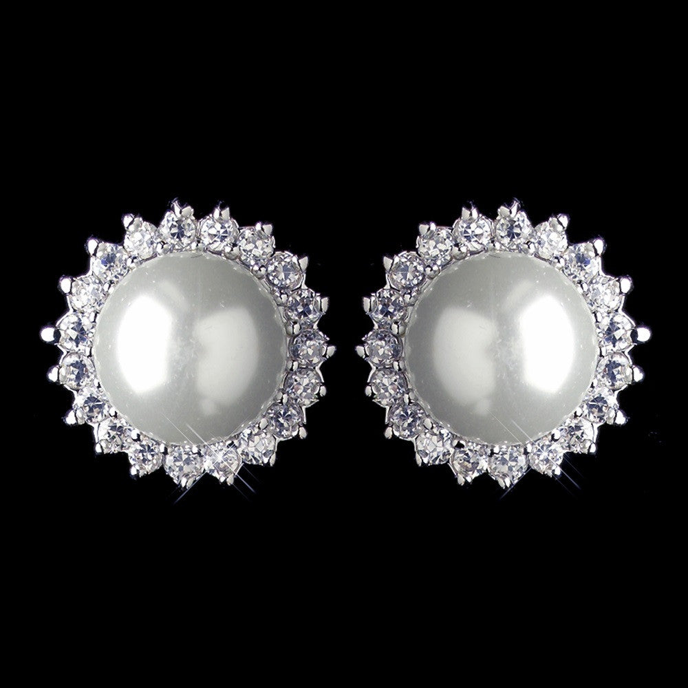 Rhodium White Pearl & CZ Crystal Stud Bridal Wedding Earrings 9396