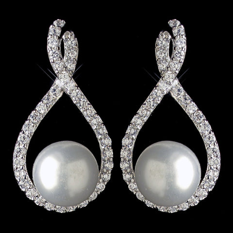 Rhodium White Pearl & CZ Crystal Drop Twist Bridal Wedding Earrings 9404