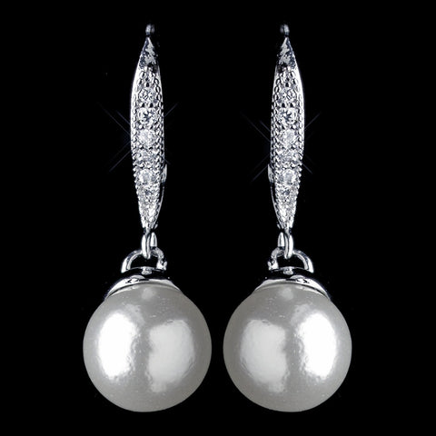 Rhodium Diamond White Pearl & Clear CZ Crystal Hook Drop Bridal Wedding Earrings 9405