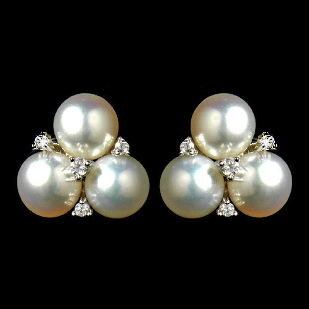 Triple CZ Crystal & Diamond White Pearl Stud Bridal Wedding Earrings 9408