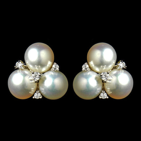 Triple CZ Crystal & Diamond White Pearl Stud Bridal Wedding Earrings 9408
