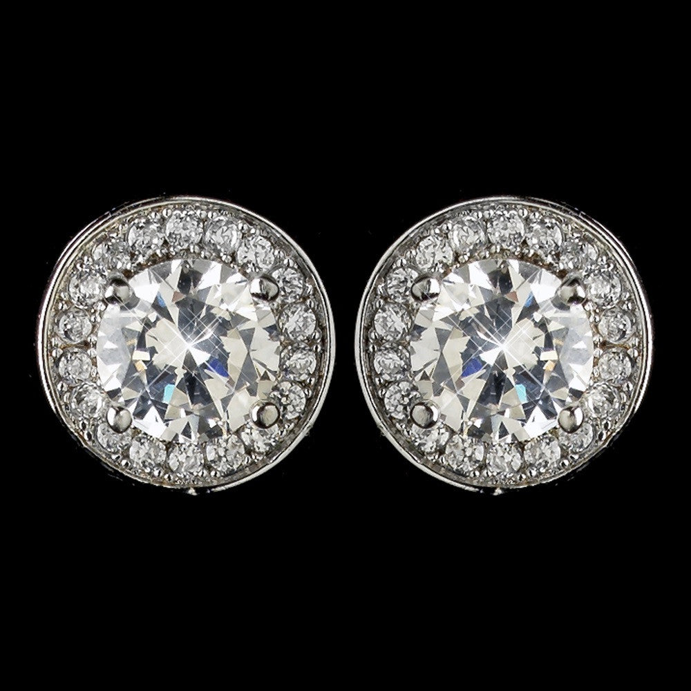 Rhodium Clear Round Stud Pave CZ Crystal Stud Bridal Wedding Earrings 9409