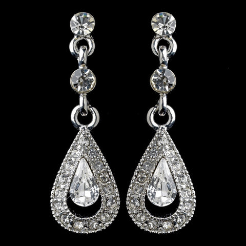 Rhodium Clear Rhinestone Vintage Drop Bridal Wedding Earrings 9451