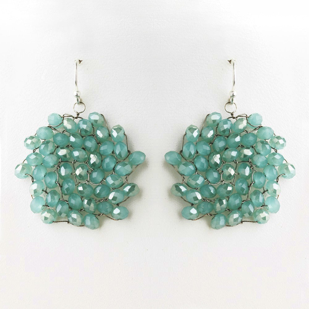 Silver Turquoise Round Faceted Glass Crystal Bridal Wedding Earrings 9510