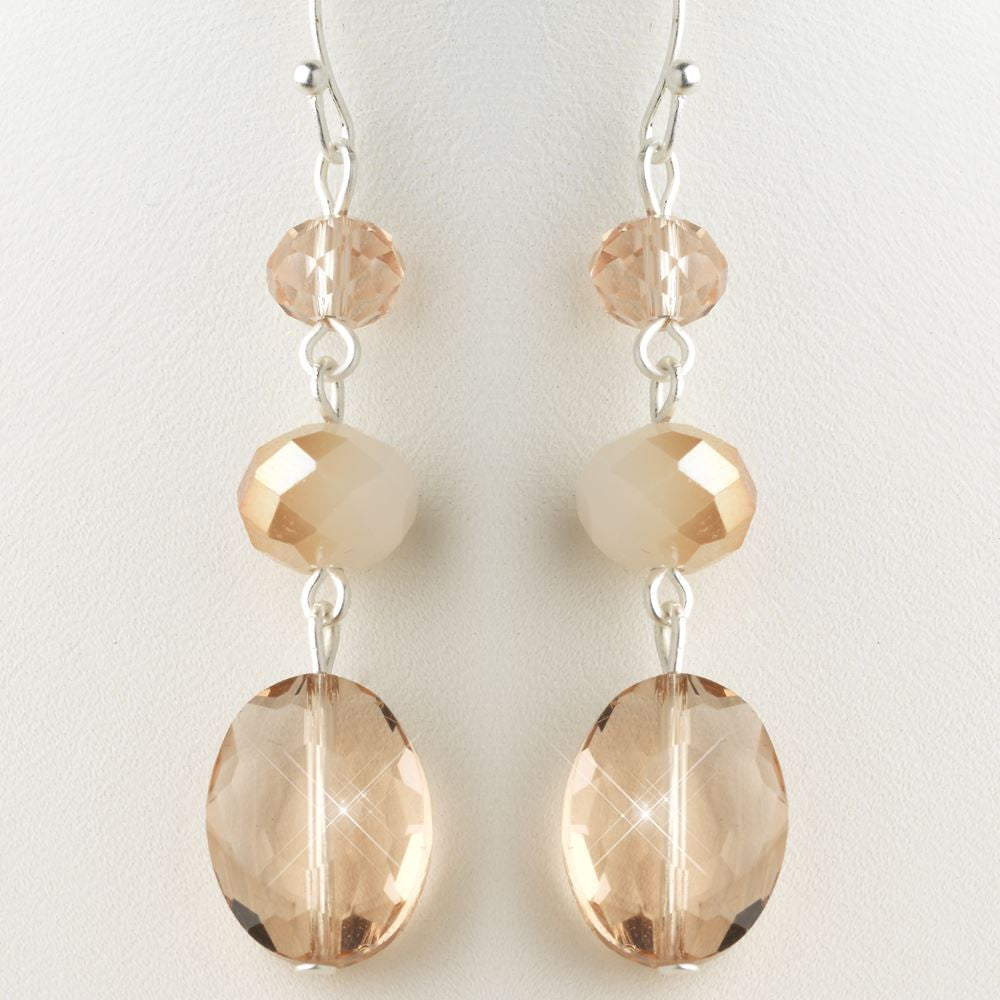 Silver Peach Rondelle Glass Stone Dangle Bridal Wedding Earrings 9527