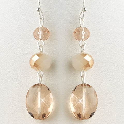 Silver Peach Rondelle Glass Stone Dangle Bridal Wedding Earrings 9527