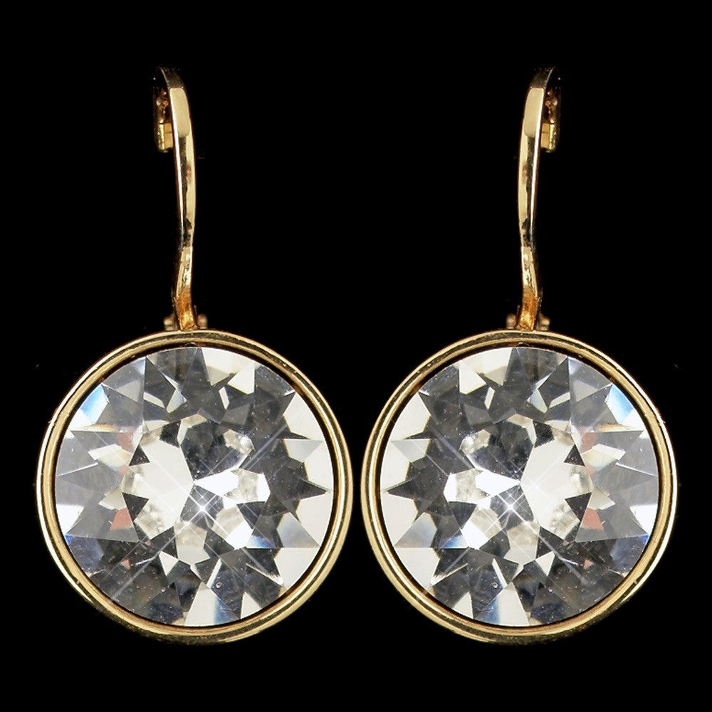 Gold Clear Swarovski Crystal Element Round Leverback Bridal Wedding Earrings 9600