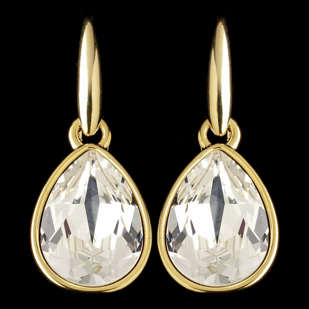 Gold Clear Swarovski Crystal Element Teardrop Dangle Hook Bridal Wedding Earrings 9601
