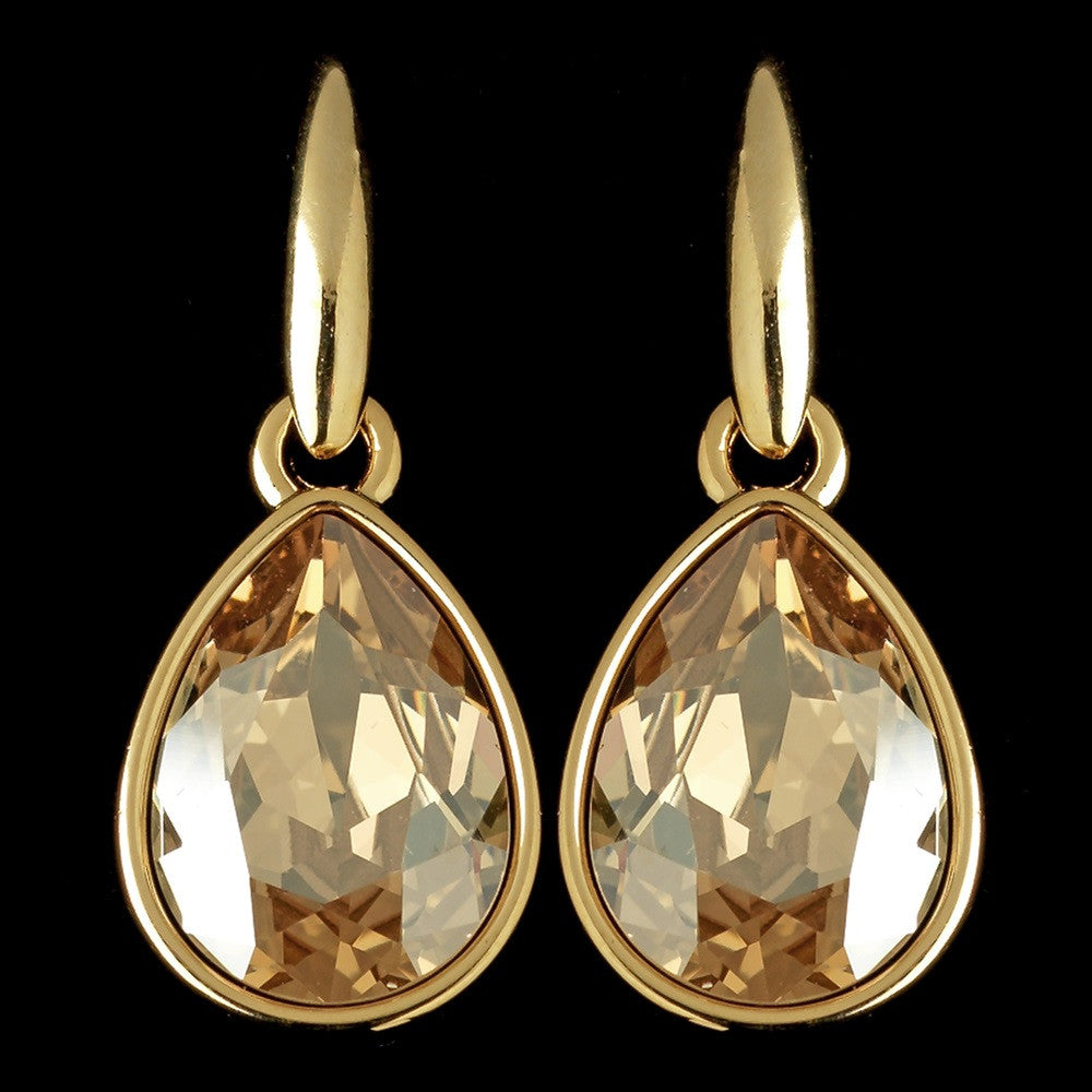Gold Golden Lt Brown Swarovski Crystal Element Teardrop Dangle Hook Bridal Wedding Earrings 9601