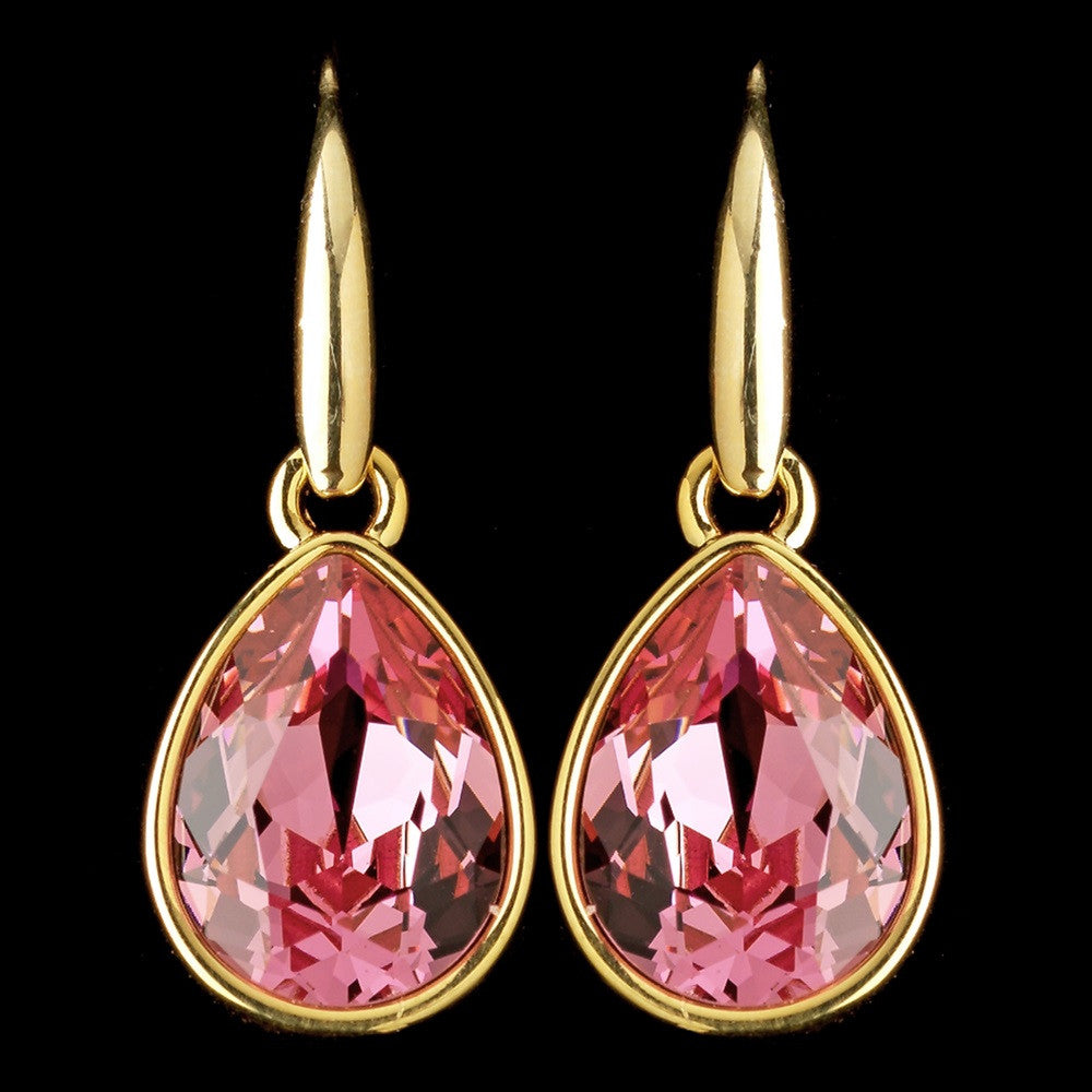 Gold Rose Swarovski Crystal Element Teardrop Dangle Hook Bridal Wedding Earrings 9601
